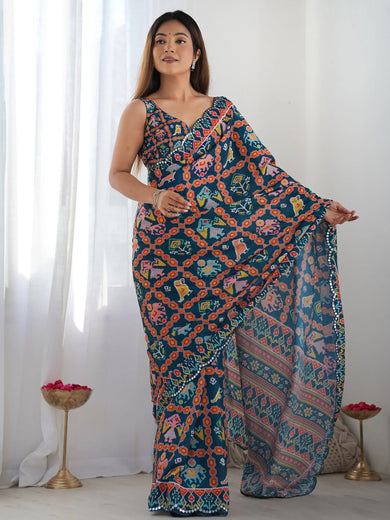 Astonishing Navy Blue Digital Printed Chinon Saree With Blouse
